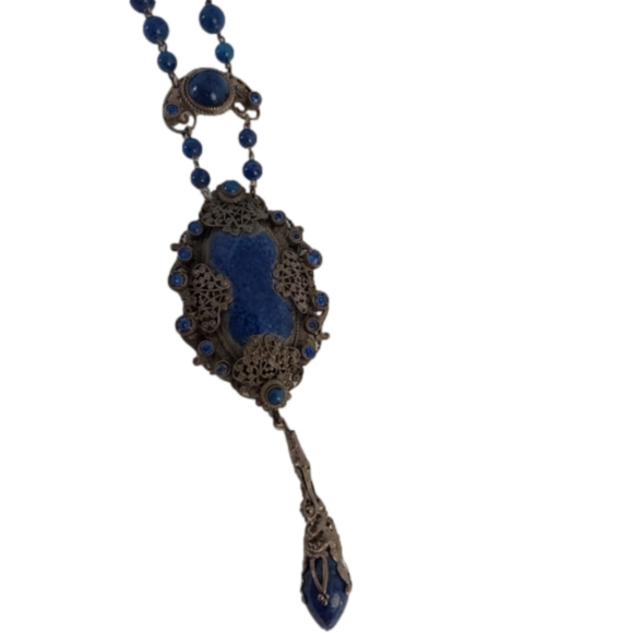 Vintage Jewelry - VTG Long Cobalt Lapis Czech Filigree Necklace